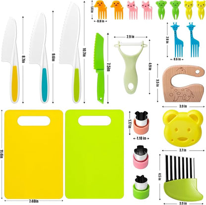 23 PCS Kids Cooking Sets, Kitchen Tools for Toddlers' Real Cooking, Kids Kitchen Knife Set with Cutting Board Kid Safe Knives Peeler Sandwich Cutters Crinkle Cutter, for Girls Boys