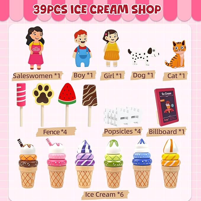 Wooden Ice Cream Shop Set with Handbag, 39 Pcs Pretend Play Food Toys for Kids, Montessori Kitchen Playset Accessories for Toddlers Girls Boys 3 4 5