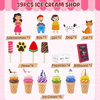 Wooden Ice Cream Shop Set with Handbag, 39 Pcs Pretend Play Food Toys for Kids, Montessori Kitchen Playset Accessories for Toddlers Girls Boys 3 4 5