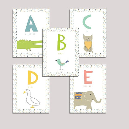 English Alphabet Wall Cards Art Flash Cards- Set of 26 White (5" x 7") Animal Alphabet Cards for Nursery Decor, Gifts, Kids Room, Classroom, by Kindred Sol Collective