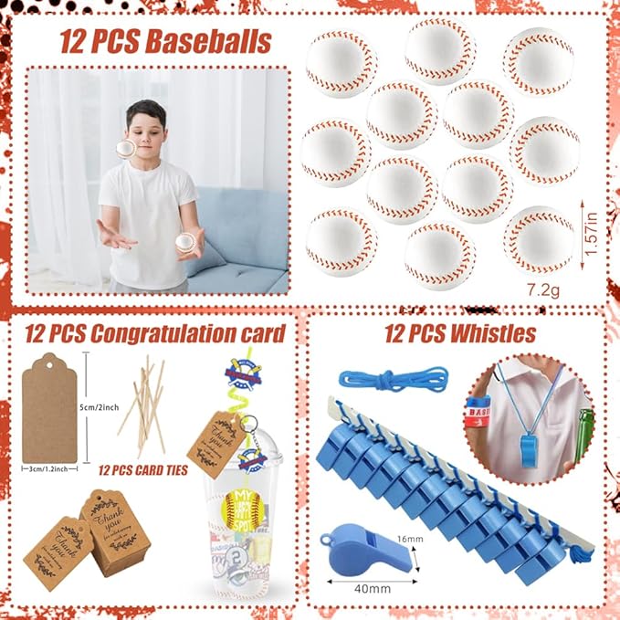 Baseball Party Favors, 172 pcs Birthday Party Supplies contains Cups, Straws, Whistles, Bracelets, Keychains, Stickers, Soft Balls, Tatoo Stickers, Thank You Tags for Sport Themed Birthday Decors