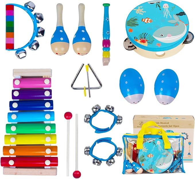 Wooden Musical Instruments Set for Toddlers 1-3, Natural Wood Percussion Instruments Xylophone Gift Set for Girls Boys Kids ,Preschool Educational Musical Toys with Storage Bag