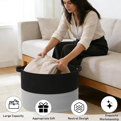 115L Large Blanket Basket,23.6"L x 23.6"W x 15.7"H Rope Woven Baskets with Handles, Toys Storage Bins,Laundry Basket Perfect for Living Room, Nursery,Bedroom,Home Organization,Black&Light Grey