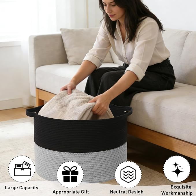 90L Large Blanket Basket, 21.7"x 21.7"x 13.8" Rope Woven Storage Basket with Handles, Laundry Hamper for Toys,Clothes,Pillows & Towels,Perfect for Living Room,Bedroom,Black&Light Grey