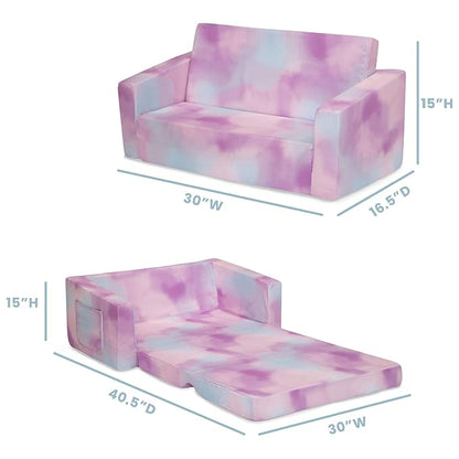 Delta Children Cozee 2-in-1 Extra Wide Convertible Sofa to Lounger-Comfy Flip Open Couch/Sleeper for Kids, Pink Tie Dye