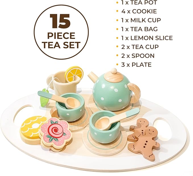 Tea Party Set for Little Girls with Cupcake Stand, Wooden Tea Set Toys for Girls Age 3 4 5 6 7 Year Old, Toddler Kids Kitchen Pretend Play Toys for Girls