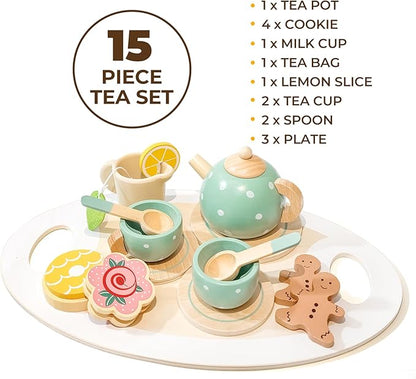 Tea Party Set for Little Girls with Cupcake Stand, Wooden Tea Set Toys for Girls Age 3 4 5 6 7 Year Old, Toddler Kids Kitchen Pretend Play Toys for Girls