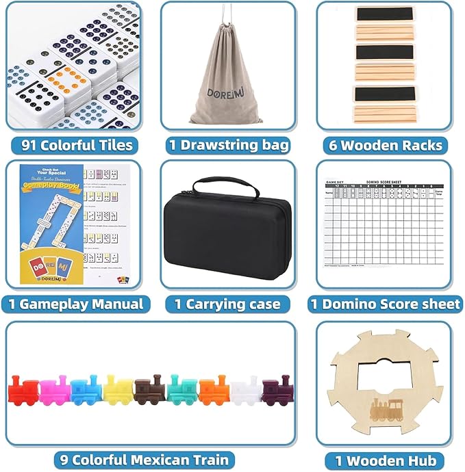 Mexican Train Dominoes Set with 6 Wooden Racks, Double 12 Colored Dot Dominoes with Update Hub, Travel Domino Train Game with 91 Tiles and Portable Carry Case, Family Board Team Games