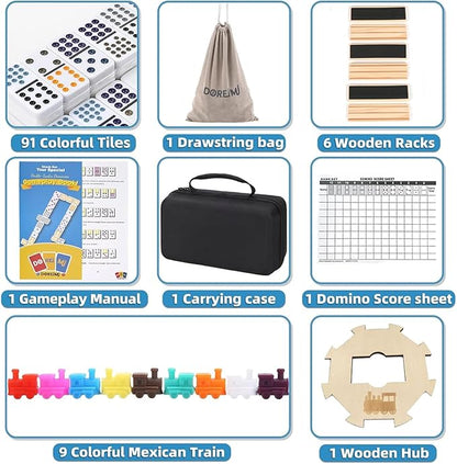 Mexican Train Dominoes Set with 6 Wooden Racks, Double 12 Colored Dot Dominoes with Update Hub, Travel Domino Train Game with 91 Tiles and Portable Carry Case, Family Board Team Games