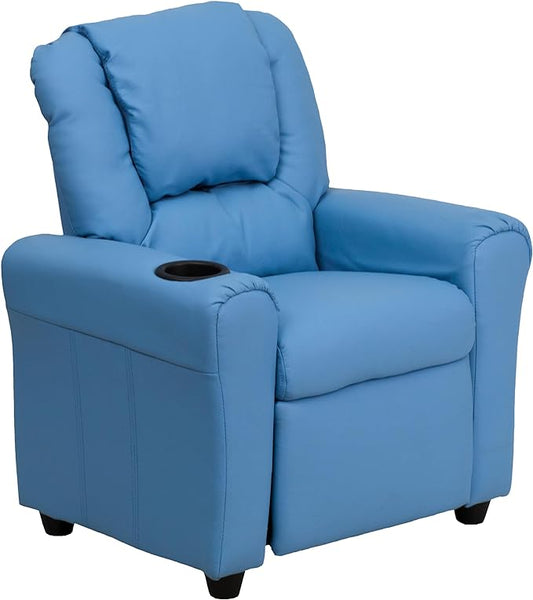 Flash Furniture Vana Vinyl Kids Recliner with Cup Holder, Headrest, and Safety Recline, Contemporary Reclining Chair for Kids, Supports up to 90 lbs., Light Blue