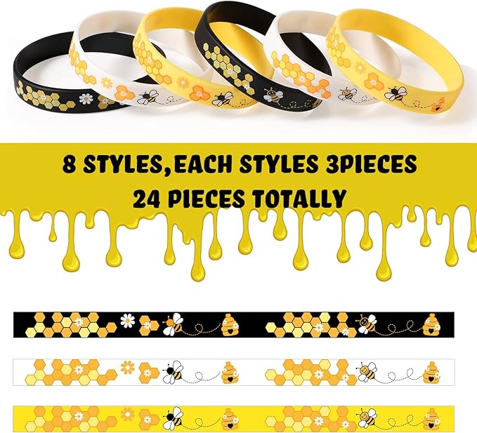 Bee Bracelet Silicone Bee Wristband Assorted Color Bee Theme Party Favors Bee Teachers Decorations Classroom Decorations Bees Wristband for Boy Girl Bee Birthday Baby Shower Party Supply (96 Pieces)