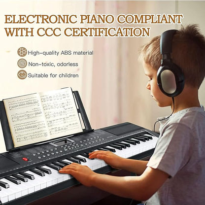 Keyboard Piano 61 Key Electric Piano Keyboard for Beginners/Professional, Portable Light Up Music Keyboard Built-in Dual Speakers with LED Display, Music Stand, Stand, Microphone, Bench (A)