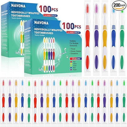 Navona 200 PCS Premium Individually Wrapped Bulk Toothbrush Pack, Disposable Toothbrush, Soft Toothbrush for Adult or Kid, Soft Bristle Toothbrush, Ergonomics Handle, Perfect for Travel,Hotel,Donation