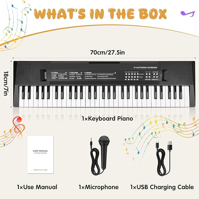 61 Keys Kids Piano Keyboard Toy with Mic – Portable Electronic Piano for 3 4 5 6 7 8 Girls Boys Beginners Birthday Xmas Gifts, Black