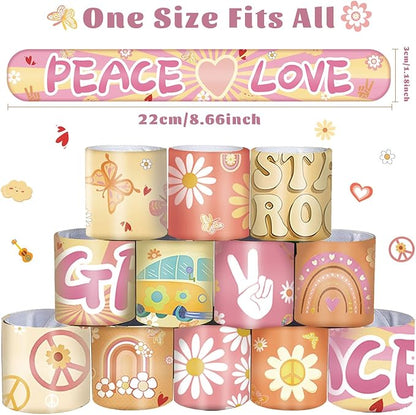 60 Pieces Groovy Slap Bracelets Hippie Boho Wristbands Daisy Flower Peace Rainbow Butterfly and Love Bracelets for 60s 70s Groovy Party Favors Gifts Birthday Party Supplies Decorations