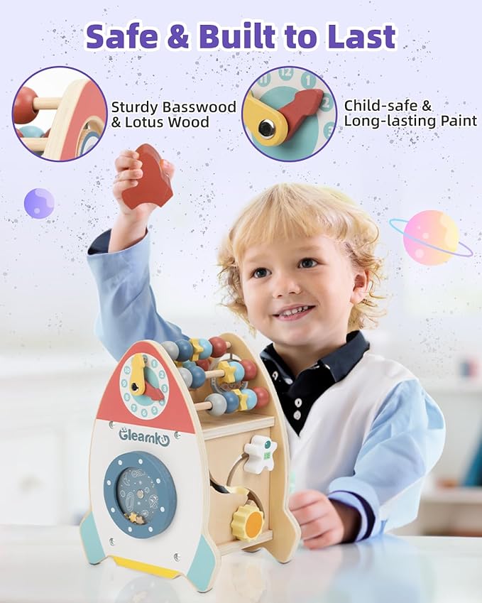Baby Space Wooden Activity Cube Montessori Toys, 7-in-1 Early Educational Learning Sensory Toys with Bead Maze Shape Puzzle Abacus for 1 2 3 Year Old 12-18 Months Boys Girls First Birthday Gifts