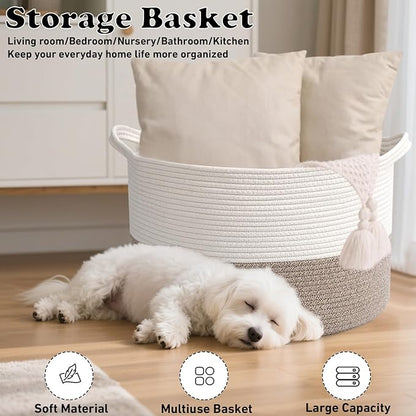 65L Large Woven Cotton Rope Blanket Basket with Handles, Laundry Hamper Storage Bin for Pillows, Clothes, Bedroom and Living Room Organization, White & Brown