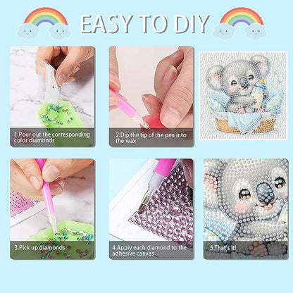 FQOVKYN 4 Pcs Baby Animals Diamond Art Kits for Kids, Cute Animals DIY Diamond Arts Mosaic Kits for Adults Beginner, Full Round Drill Diamond Art Painting for Home Wall Decor Kids Gift 6X6 inch