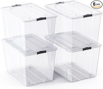 Lifetime Appliance Parts 4 PACK 97 Qt. Plastic Storage Bin Tote Organizing Container with Ultra Durable Lid & Secure Latching Buckles Stackable Extra Strength Clear w/Black Handle