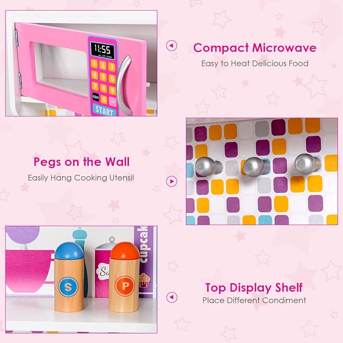 Costzon Kids Kitchen Playset, Wooden Pretend Chef Cooking Toy Kitchen with Realistic Sound, Microwave, Sink, Cookware Accessories, Pink Play Kitchen for Toddlers, Girls, Gift for Ages 3+
