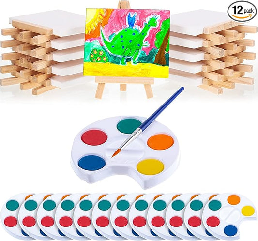 Glenmal Watercolor Paint Sets 3 x 4 Small Painting Canvas with Easel Paints Brush Set Kids Art Party Favors and Party Supplies Washable Watercolor Bulk for Kids Birthday Prizes (12 Sets)