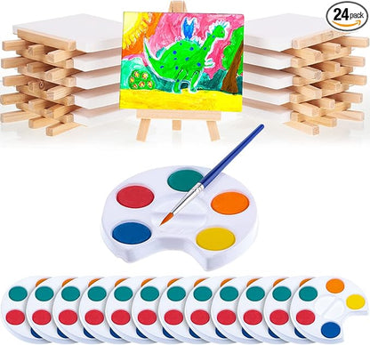 Glenmal Watercolor Paint Sets 3 x 4 Small Painting Canvas with Easel Paints Brush Set Kids Art Party Favors and Party Supplies Washable Watercolor Bulk for Kids Birthday Prizes (24 Sets)