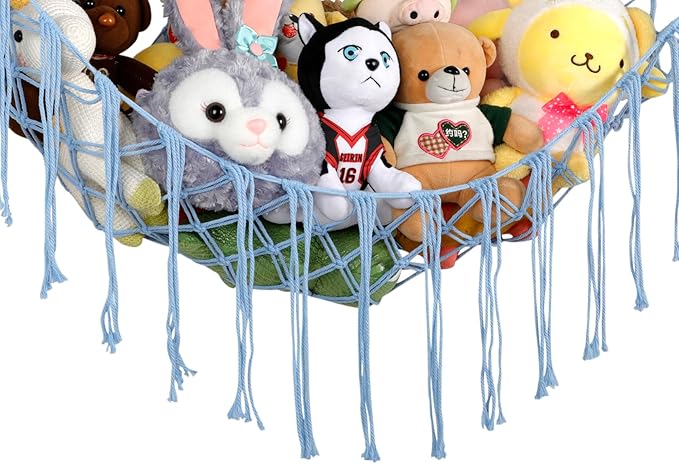 Boho Stuffed Animals Net or Hammock Large,55 inch Toy Hammock Macrame Stuff Animal Storage Corner Hanging Net Holder,Mesh Hammock Plush Toy Organizer with Hooks for Bedroom,Nursery (Baby Blue)