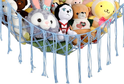 Boho Stuffed Animals Net or Hammock Large,55 inch Toy Hammock Macrame Stuff Animal Storage Corner Hanging Net Holder,Mesh Hammock Plush Toy Organizer with Hooks for Bedroom,Nursery (Baby Blue)