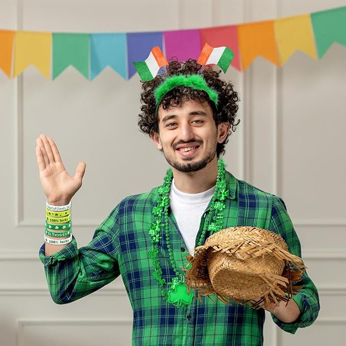 24 Pcs St. Patrick's Day Party Favor Set with 6 Pcs Shamrock Headbands, 12 Pcs Lucky Silicone Bracelets, and 6 Pcs Clover Necklaces Accessories for St. Paddy's Irish Decorations and Celebrations