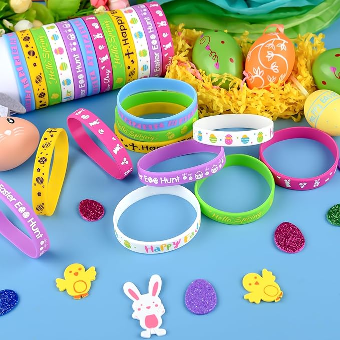NEBURORA 24 Pcs Easter Rubber Bracelets Bunny Rabbit Egg Chick Flower Carrot Silicone Wristbands for Spring Happy Easter Party Favors Baskets Stuffers Egg Fillers