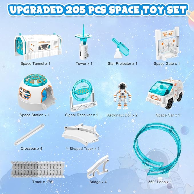 Construction Race Track, Space Train Track Set, 205 PCS DIY Flexible Tracks Play Set for Boys 4-7 with Light up Space Car Station Astronaut, for Toddlers Kids Girls 3-12