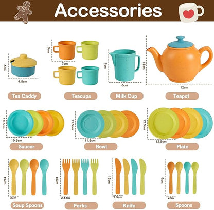 Buyger Kids Kitchen Accessories and Tea Set for Toddlers 3-5, Play Kitchen Toy Dish Plates Utensils Dinnerware Set Pretend Role Play Gifts for Ages 3 4 5 Years Olds Children Boys Girls