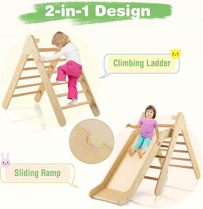 HONEY JOY Triangle Climber with Ramp, Kids Climbing Triangle Ladder for Daycare, Gym & Playground, Wooden Montessori Climbing Toys for Toddlers, Gift for Boys Girls