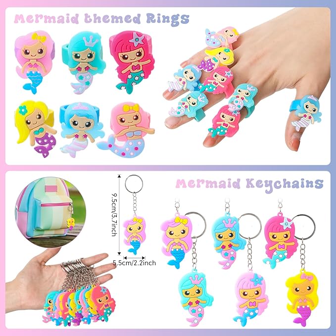 Hungdao 178 Pcs Mermaid Birthday Party Favors for 16 Kids with Keychain Sticker Stamp Ring Slap Bracelet Tattoo Sticker Gift Bag Tag For Summer Swimming pool Beach Party Carnival