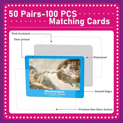 gisgfim 50 Pairs Memory Matching Game Famous Paintings Concentration Memory Matching Games for Adults Learning Educational Matching Game A Fun & Fast Artworks Theme Memory Matching Games