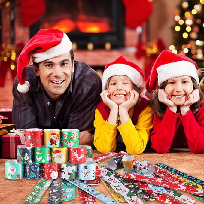 Lumiparty 60 PCS Christmas Kid's Slap Bracelets, Slap Bands,Snap Bracelets,Party Favors Pack with Snowflakes,Santa Claus,Snowman for Kids Valentines Gift Classroom Exchange with 4 Sheets Sticker.