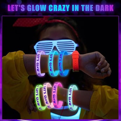 Karenhi 100 Pcs Let's Glow Silicone Bracelet Crazy Bracelet Glow in the Dark Bracelets Light up Wristbands for Neon Party Concerts Sports Parties Night Favors, 10 Styles