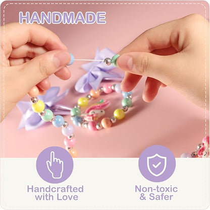 Handmade Unicorn Kids Jewelry Set for Little Girls - Elastic Necklace Bracelet - Clip On Earrings - Adjustable Rings - Bow Hair Clips - Birthday Dressup Childrens Costume w/Box Bags