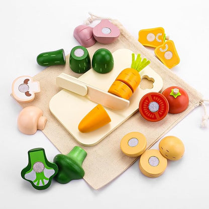 Cutting Vegetable Set - Wooden Play Food Kitchen Accessory, Multi - Pretend Play Accessories, Wooden Cutting Fruit Toys for Toddlers and Kids Ages 3+