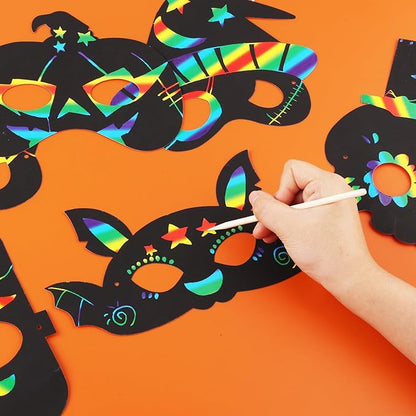 48pcs Halloween Mask Craft Kit for Kids, Funny Halloween Scratch Paper Mask with Elastic Cord Wooden Stick Scratch Masks for Halloween Party Favor