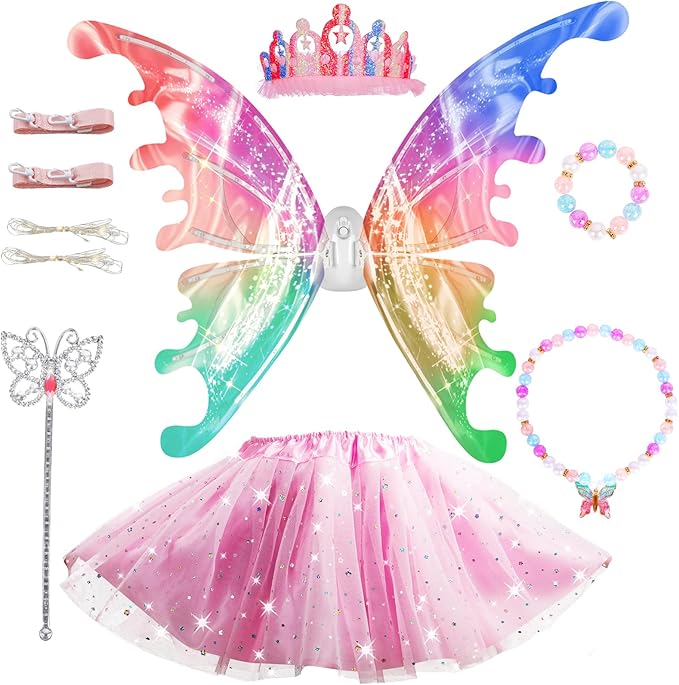 Princess Dress up Costume with Electric Fairy Wings for Girls 3-8, Light Up Moving Butterfly Wings with LED Lights&Music, Christmas Birthday Gift Princess Dresses with Crown/Wand/Bracelets/Necklaces