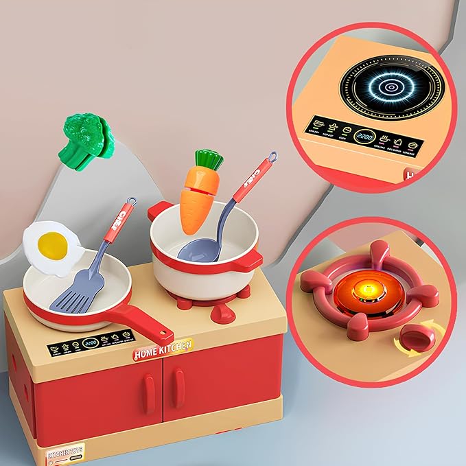 Home Kitchen Kids Toy Kitchen Set, 71 PCS Pretend Play Cooking Set with Interactive Cooktop, Realistic Accessories: Pressure Cooker, Kettle, Frying Pan, Play Food - Educational Toy for Boys & Girls 3+