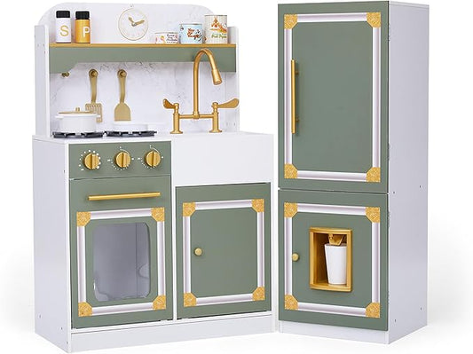 Teamson Kids Versailles Wooden Deluxe Play Kitchen Set Plus Refrigerator with Ice Dispenser and 15 Cookware Accessories, Olive Green