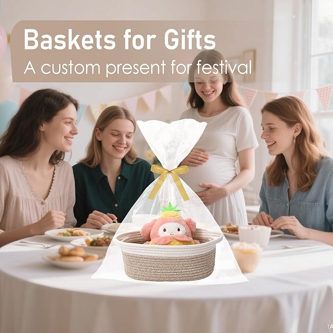 JMvicyroam Woven Basket,Small Rope Storage Bin with Handles & Ribbon Bag, Organizer for Shelves Closets,Gift Basket Empty for Birthday,Books,Dog Toys, White&Oatmeal/2 Pack