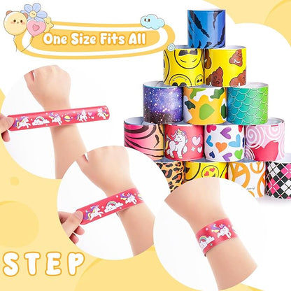 LovesTown Slap Bracelets for Kids, 48 PCS Snap Bracelets Emotions Camouflage Leopard Print Galaxy for Kids Birthday Party Favors Classroom Prizes Holiday Gifts