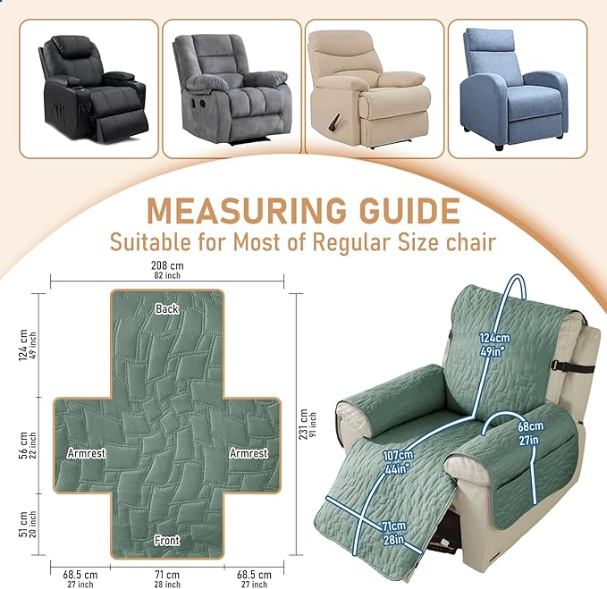 100% Waterproof Recliner Chair Covers for Reclining Chair, Small Recliner Covers That Stay in Place, Non-Slip Recliner Armchair Cover with Pockets for Kids, Pets, Dogs, Cat, Washable,Green,28I