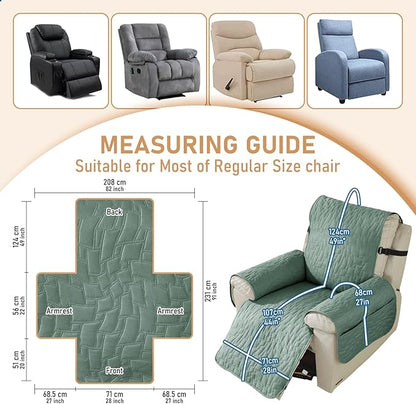 100% Waterproof Recliner Chair Covers for Reclining Chair, Small Recliner Covers That Stay in Place, Non-Slip Recliner Armchair Cover with Pockets for Kids, Pets, Dogs, Cat, Washable,Green,28I