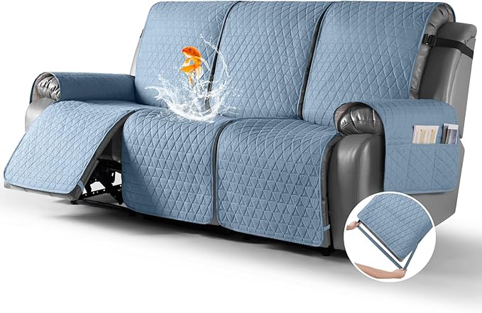 TAOCOCO 100% Waterproof Recliner Sofa Cover-Non Slip Split Couch Covers for Reclining Couches with Elastic Straps,Couch Covers for 3 Cushion Couch Sofa Pet Friendly(Sky Blue, 3 Seater)