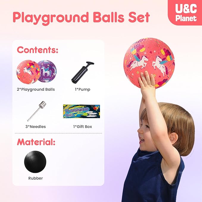 U&C Planet Playground Balls for Toddlers 1-3, 2 Pack 6 inch 8.5 inch Kickball for Kids Outdoor Indoor, Catoon Rubber Balls with Pump, Child Gift for Boys Girls 1-3 3-5 5-10