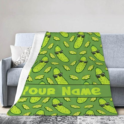 Custom Pickle Blanket with Name for Women Men, Personalized Cute Pickle Themed Design Printed Throw Blankets for Teens Adults Lap, Chair Sofa, Giftable Blanket, 50"x 60"